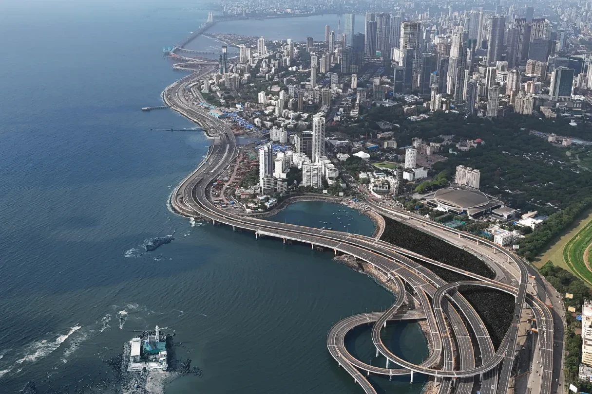 Aerial of the Worli seafront and the South Mumbai city beyond