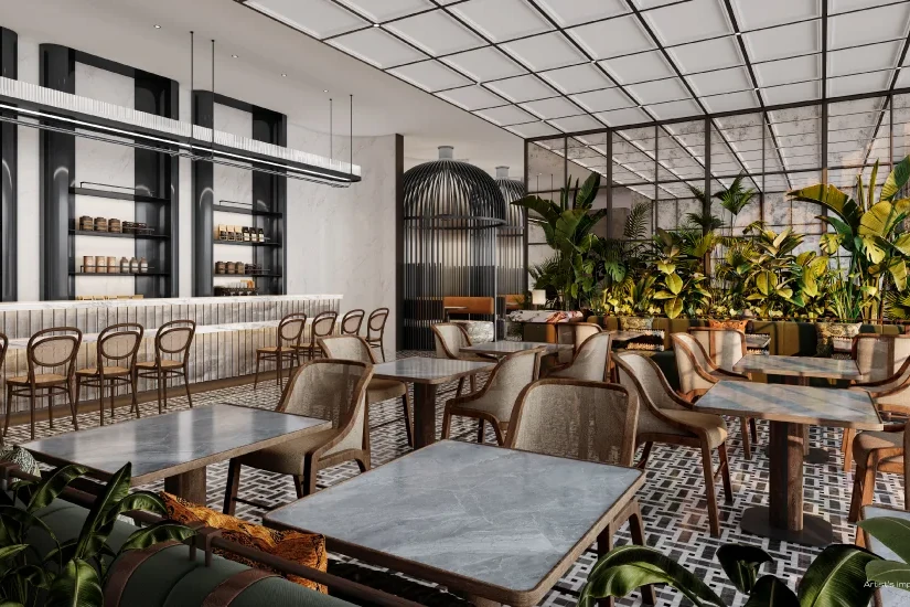 The café and lounge at Godrej Trilogy